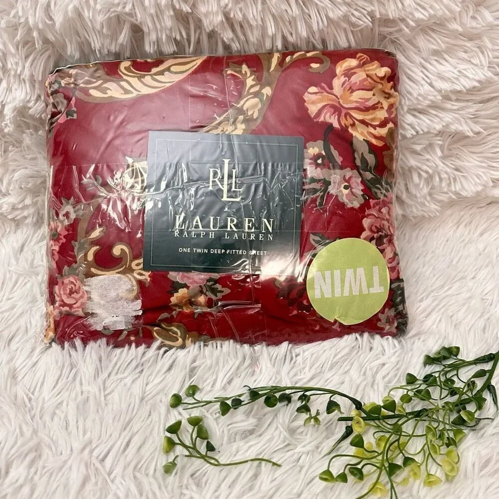 LAUREN Ralph Lauren Marseilles Floral Red Twin Premium Fitted Sheet Vintage‎ New